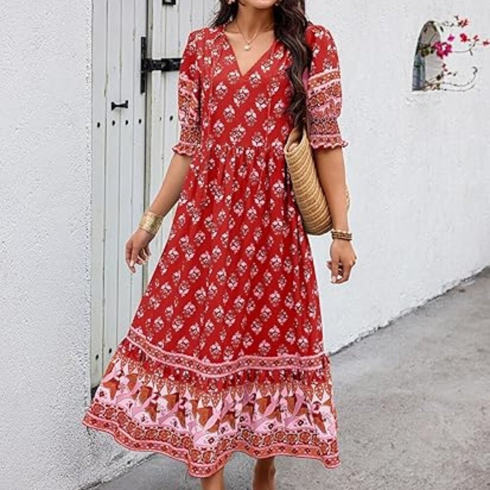 NWT Boho Smocked Puff Sleeve Floral Maxi Beach Sundress Large Wine Red NWT